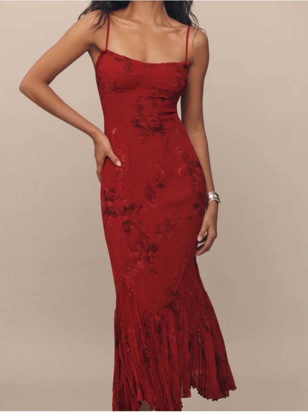 Reformation Red Fringe Slip Midi Dress